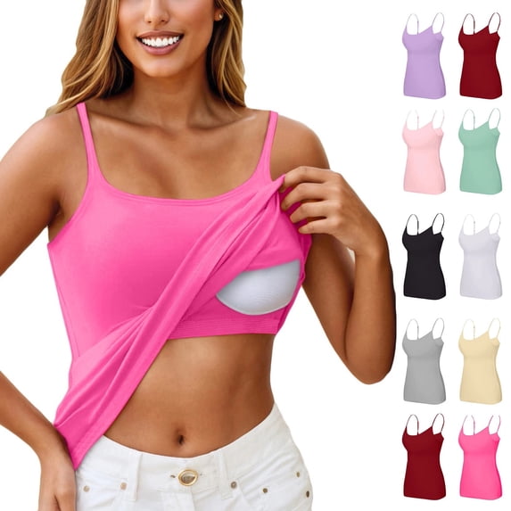 Tank Top for Women with Built in Bra, Padded Adjustable Spaghetti Strap Camisoles for Layering, Scoop Neck Fitted Undershirts , #05 Hot Pink 5XL