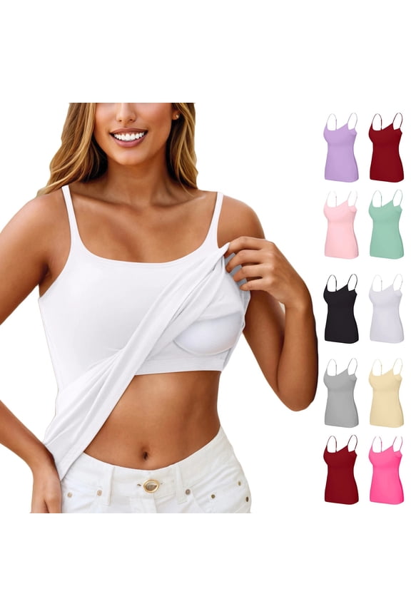 Tank Top for Women with Built in Bra, Padded Adjustable Spaghetti Strap Camisoles for Layering, Scoop Neck Fitted Undershirts , #05 White XL