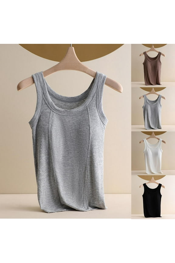 Tank Top for Women with Built in Bra Women's Solid Color Thread Suspender With Chest Cushion And Versatile Interior Round-Neck Tank Black M