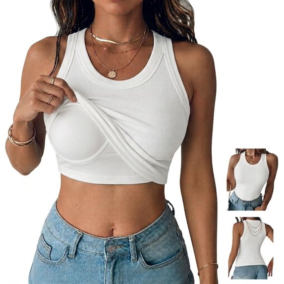 Tank Top with Built in Bra for Women, Ribbed Sleeveless Cami, Stretchy Fitted Basic Tank Top for Everyday Wear