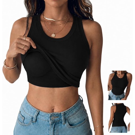 Tank Top with Built in Bra for Women, Ribbed Sleeveless Cami, Stretchy Fitted Basic Tank Top for Everyday Wear