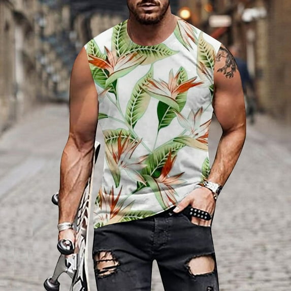 Tank Tops Beach Men Tank Top For Men Hawaiian Tropical Print Summer Casual Workout Vest Round Neck Sleeveless Loose Shirts Lightweight Comfy Blouse Graphic Gym Tank Tops For Men
