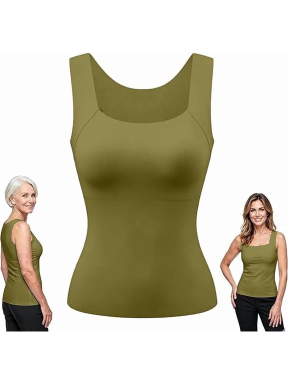 Tank Tops Built in Bra for Old Women Camisole Wide Strap Padded Shelf Top Shapewear Shaping Cami Shelf Bra, Plus Size Loose Fit Cotton Yoga Workout, Square Neck Hip Length Non Roll Hem