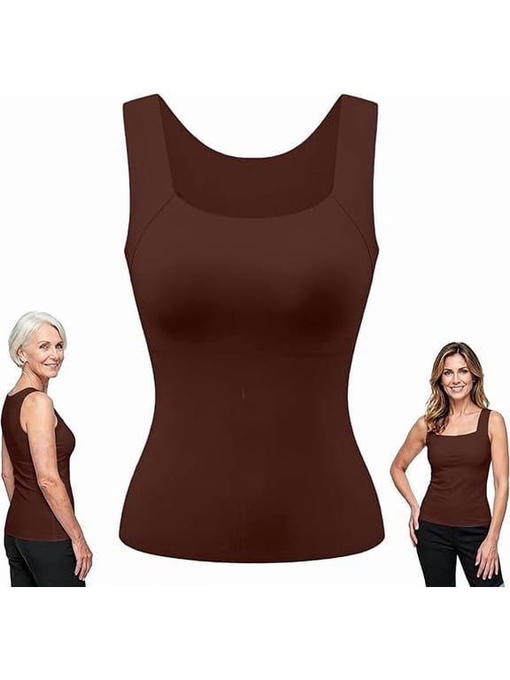 Tank Tops Built in Bra for Old Women Camisole Wide Strap Padded Shelf Top Shapewear Shaping Cami Shelf Bra, Plus Size Loose Fit Cotton Yoga Workout, Square Neck Hip Length Non Roll Hem