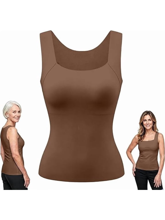 Tank Tops Built in Bra for Old Women Camisole Wide Strap Padded Shelf Top Shapewear Shaping Cami Shelf Bra, Plus Size Loose Fit Cotton Yoga Workout, Square Neck Hip Length Non Roll Hem