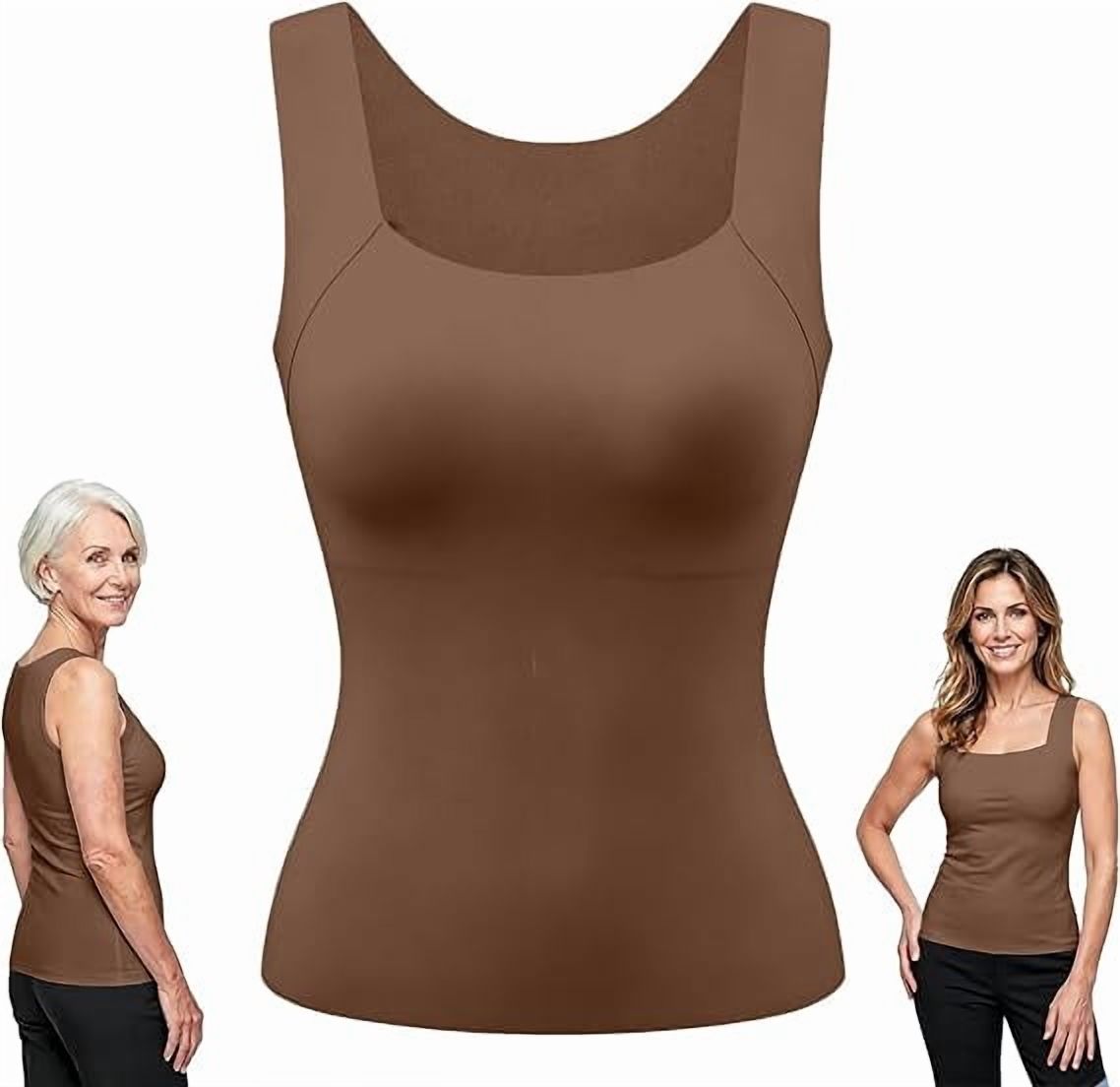 Tank Tops Built in Bra for Old Women Camisole Wide Strap Padded Shelf Top Shapewear Shaping Cami Shelf Bra, Plus Size Loose Fit Cotton Yoga Workout, Square Neck Hip Length Non Roll Hem