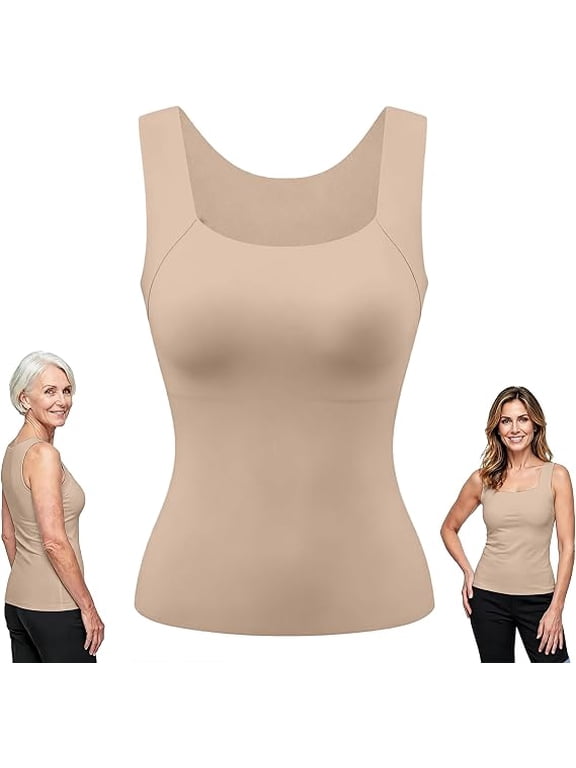 Tank Tops Built in Bra for Old Women Camisole Wide Strap Padded Shelf Top Shapewear Shaping Cami Shelf Bra, Plus Size Loose Fit Cotton Yoga Workout, Square Neck Hip Length Non Roll Hem