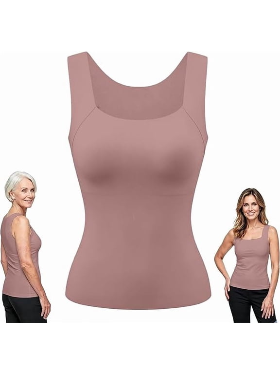 Tank Tops Built in Bra for Old Women Camisole Wide Strap Padded Shelf Top Shapewear Shaping Cami Shelf Bra, Plus Size Loose Fit Cotton Yoga Workout, Square Neck Hip Length Non Roll Hem