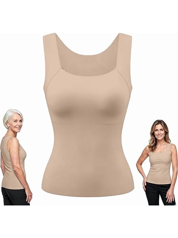 Tank Tops Built in Bra for Old Women Camisole Wide Strap Padded Shelf Top Shapewear Shaping Cami Shelf Bra, Plus Size Loose Fit Cotton Yoga Workout, Square Neck Hip Length Non Roll Hem