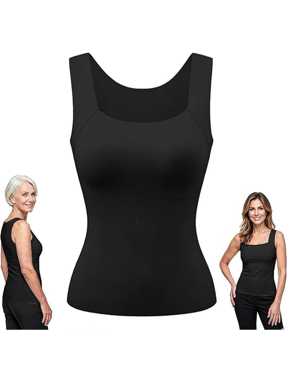 Tank Tops Built in Bra for Old Women Camisole Wide Strap Padded Shelf Top Shapewear Shaping Cami Shelf Bra, Plus Size Loose Fit Cotton Yoga Workout, Square Neck Hip Length Non Roll Hem