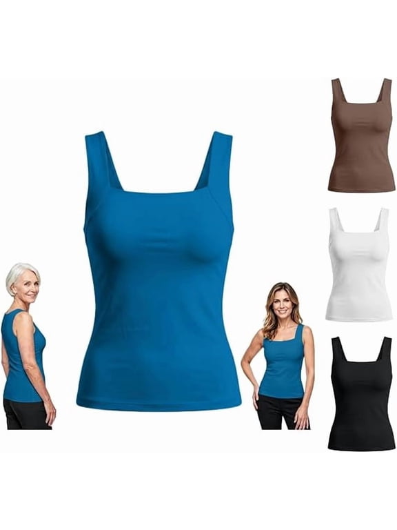 Tank Tops Built in Bra for Old Women Camisole Wide Strap Padded Shelf Top Shapewear Shaping Cami Shelf Bra, Plus Size Loose Fit Cotton Yoga Workout, Square Neck Hip Length Non Roll Hem