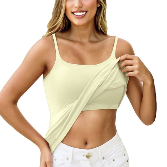 Tank Tops with Built in Bra for Women Adjustable Spaghetti Strap Cami Sleeveless Summer Camisole Tops Breathable Soft Stretchy Basic Solid Color Casual Layering Top, Khaki, 2XL