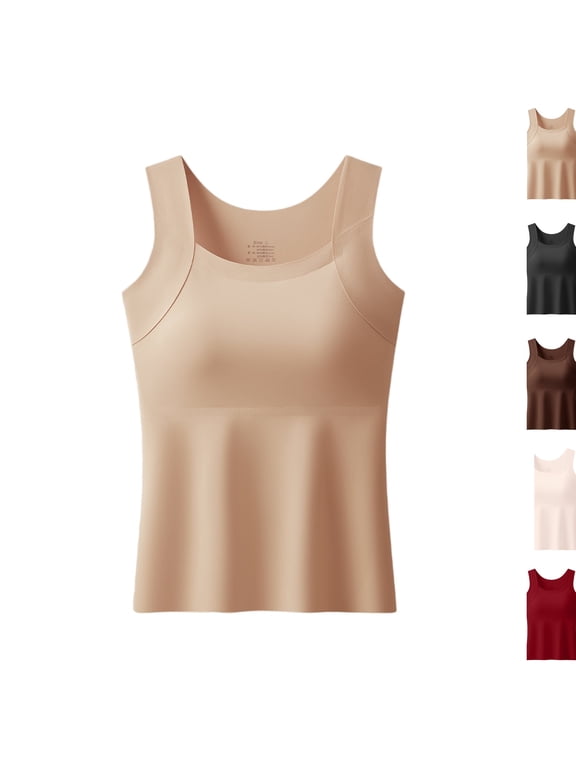 Tank Tops with Built in Bras for Older Women Sleeveless Wide Strap Camisole Padded Seamless Shaping Camisole Soft Smoothing Oversized Cami Shelf Bra Loose Fit Plus Size Tanktops Beige M