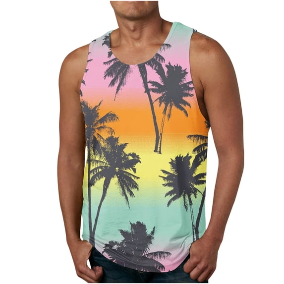 Tank Tops Casual Men Tank Top For Men Hawaiian Tropical Print Summer Casual Workout Vest Round Neck Sleeveless Loose Shirts Lightweight Comfy Blouse Gym Bodybuilding Sleeveless Muscle T Shirts