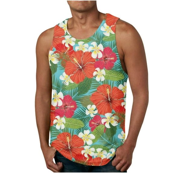 Tank Tops Casual Men Tank Top For Men Hawaiian Tropical Print Summer Casual Workout Vest Round Neck Sleeveless Loose Shirts Lightweight Comfy Blouse Men Tank Tops Gym