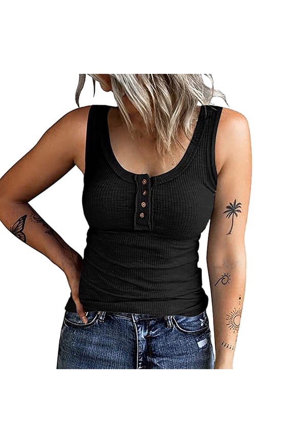 Tank Tops For Women Button Sleeveless Top Casual Round Knit Shirt Vest Neck Solid Splice Tanks Camisole Tops For Women