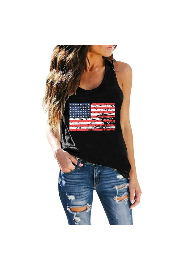 Tank Tops For Women Casual Flag Printing Independence Day Vest Round Neck Tank Sleeveless Breathable Elastic Camisole Tops For Women