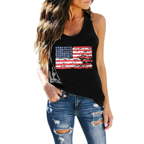 Tank Tops For Women Casual Flag Printing Independence Day Vest Round Neck Tank Sleeveless Breathable Elastic Camisole Tops For Women