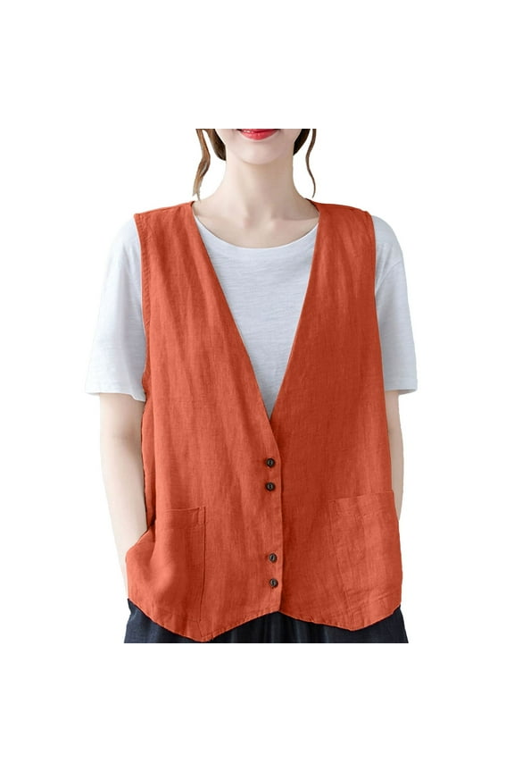 Tank Tops For Women Cotton Linen Vest Casual Loose V Neck Sleeveless Vests With Pockets Camisole Tops For Women