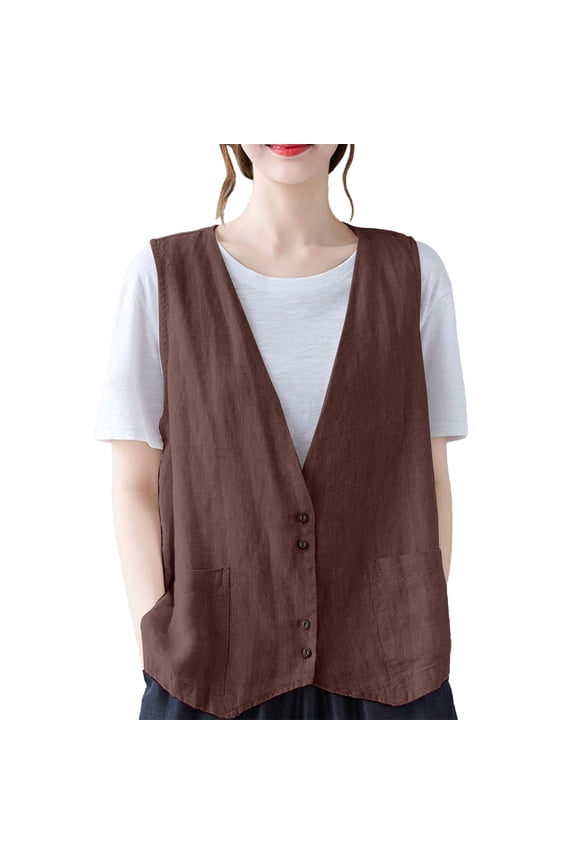 Tank Tops For Women Cotton Linen Vest Casual Loose V Neck Sleeveless Vests With Pockets Camisole Tops For Women