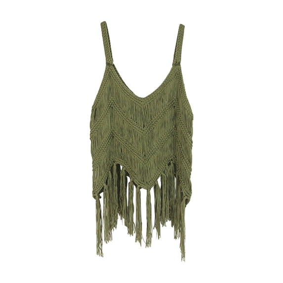 Tank Tops For Women Fringe Western Tassel Tank Tops Sleeveless V Neck Crochet Crop Top Boho Knitted Spaghetti Straps Vest Camisole Tops For Women