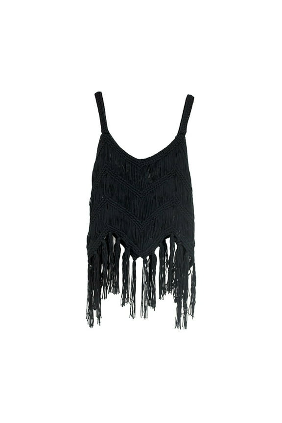 Tank Tops For Women Fringe Western Tassel Tank Tops Sleeveless V Neck Crochet Crop Top Boho Knitted Spaghetti Straps Vest Camisole Tops For Women