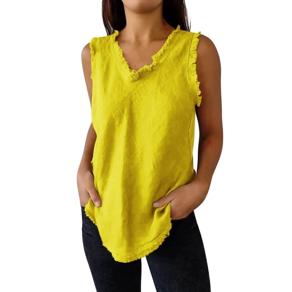 Tank Tops For Women Linen Sleeveless Tops For Summer Trendy Plain Ruffled V Neck Tank Shirts Casual Cool Edge Hem Camisoles Camisole Tops For Women