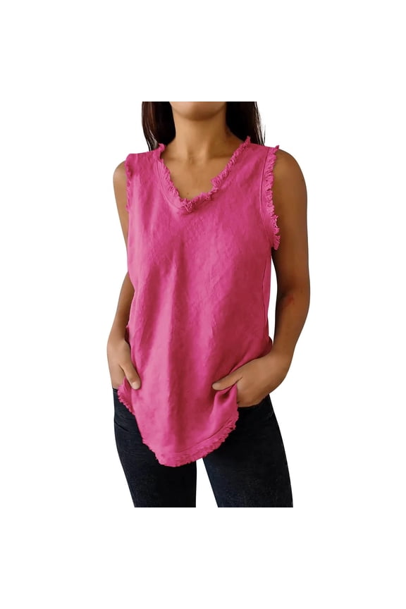 Tank Tops For Women Linen Sleeveless Tops For Summer Trendy Plain Ruffled V Neck Tank Shirts Casual Cool Edge Hem Camisoles Camisole Tops For Women
