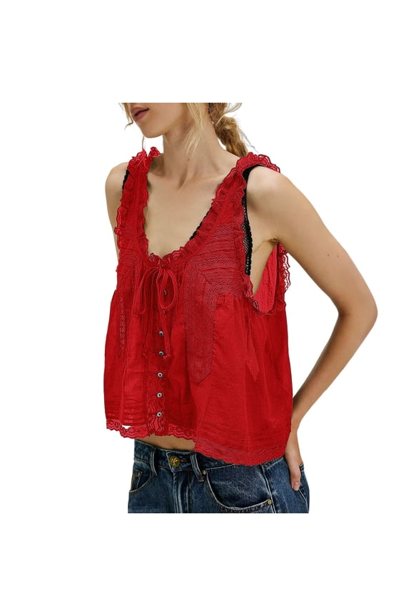 Tank Tops For Women Red Sleeveless Lace Vacation Front Tie Mesh Chiffon Womens Tank Tops