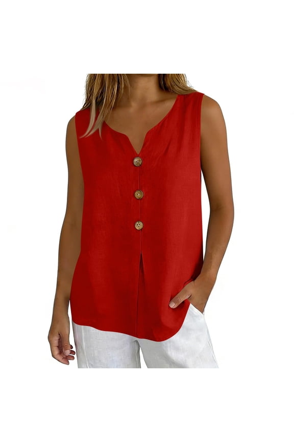 Tank Tops For Women Red Summer Cotton Linen V Neck Sleeveless Loose Fit Womens Tank Tops