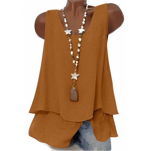 Tank Tops For Women Sevevn Women's Sleeveless Double-Layer Hem Tank Top Loose V-Neck Blouses Gold S