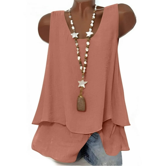 Tank Tops For Women Sevevn Women's Sleeveless Double-Layer Hem Tank Top Loose V-Neck Blouses Watermelon Red XXL