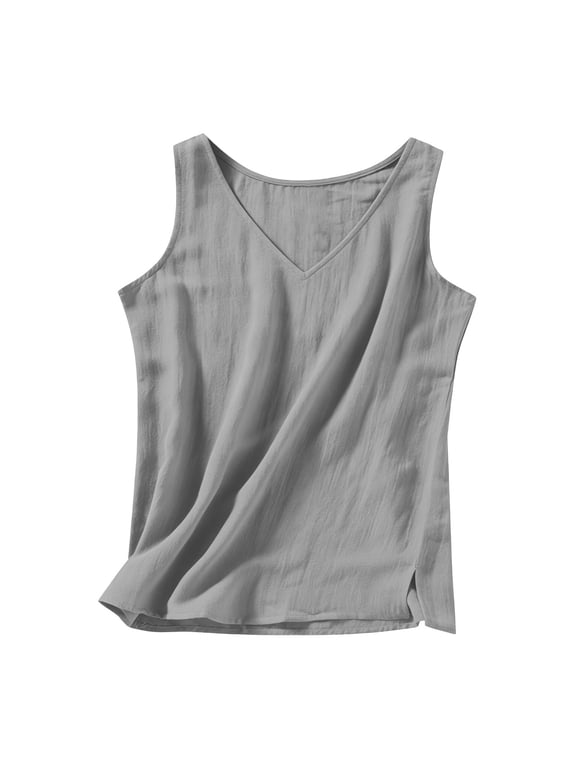 Tank Tops For Women Sevevn Women's V-Neck Sleeveless Tank Top Lightweight Cotton Linen Loose-Fit Side Split Camisole for Summer Gray M