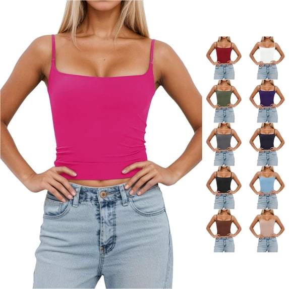 ZHOGXU Tank Tops For Women Spaghetti Strap Sleeveless Ribbed Solid Color Slim Fit Summer Camisole Basic Layering Tee For Casual Daily Wear,Hot Pink,S
