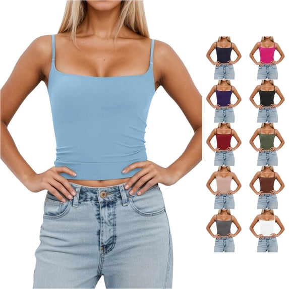 Tank Tops For Women Spaghetti Strap Sleeveless Ribbed Solid Color Slim Fit Summer Camisole Basic Layering Tee For Casual Daily Wear,Light Blue,XL