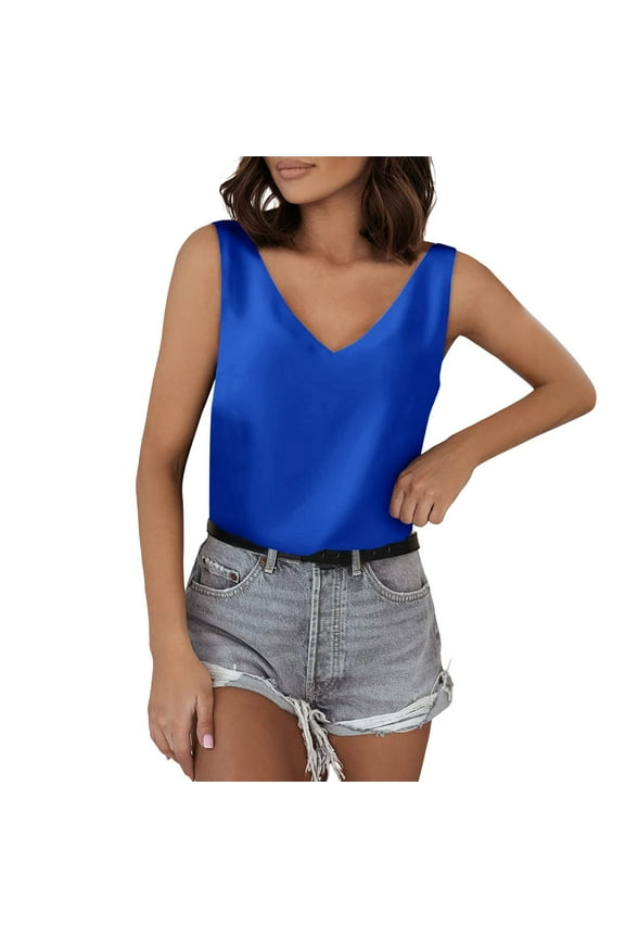 Tank Tops For Women V Neck Silk Summer Satin Sleeveless Blouse Basic Camisole Shirts