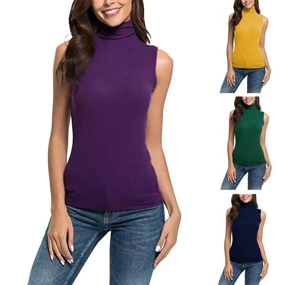 Tank Tops Loose Tank Tops for Women Womens Fashion Casual Solid Color Sleeveless Turtleneck Tee Shirt Blouse T-Shirt Top Dark Blue S