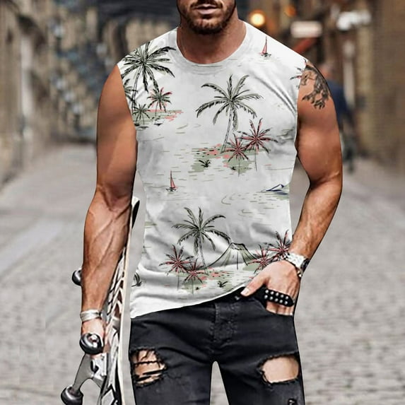 Tank Tops For Men Big And Tall Tank Top For Men Hawaiian Tropical Print Summer Casual Workout Vest Round Neck Sleeveless Loose Shirts Lightweight Comfy Blouse Beach Tank Tops For Men Loose Fit