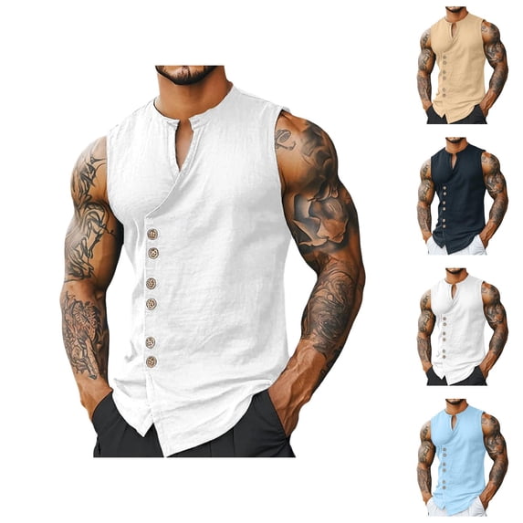 Tank Tops Men Cotton Linen Lightweight Breathable Button Down V Neck Sleeveless Shirt Vacation Beach Tank Shirt