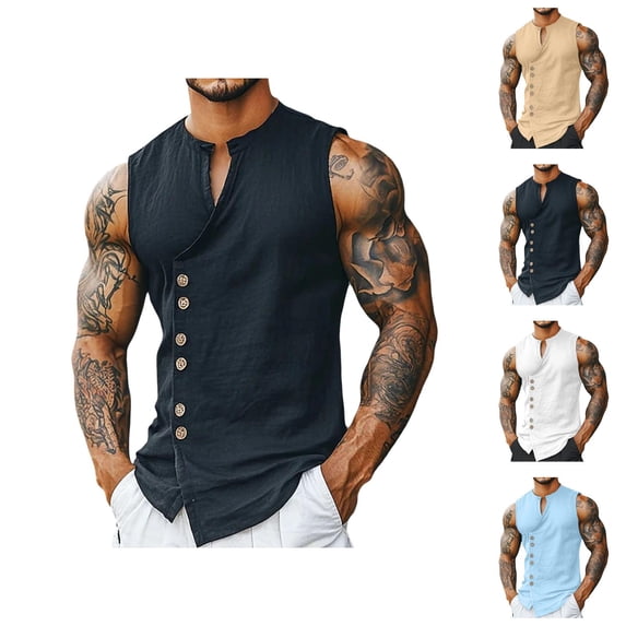 Tank Tops Men Cotton Linen Lightweight Breathable Button Down V Neck Sleeveless Shirt Vacation Beach Tank Shirt