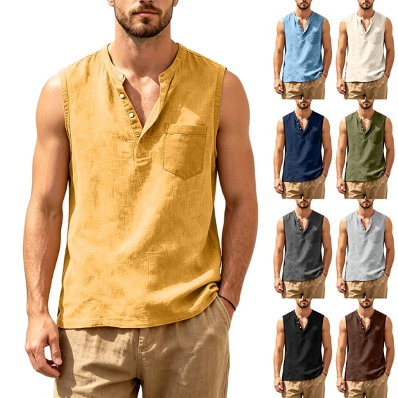 Tank Tops Men Cotton Linen Sleeveless Button Up V Neck Shirts Summer Casual Vacation Tee, 2XL