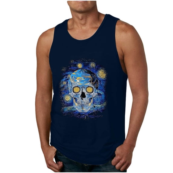 Tank Tops Men Funny Graphic Sleeveless Crewneck T Shirts Casual Beach Summer Athletic Muscle Breathable Vests Dark Blue L