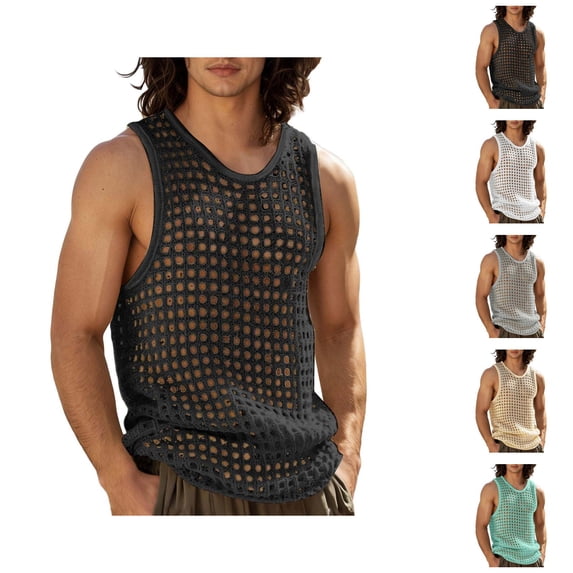 Tank Tops Men Lightweight Breathable Hollow out See through Crewneck Knitted Sleeveless Shirt Workout Gym Tanks