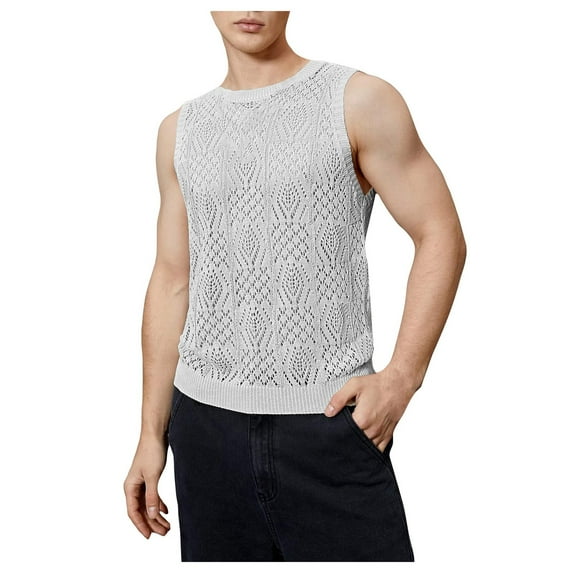 Tank Tops Men,Men's Knitted Hollowed Out Vest Crew Neck Sleeveless,Mens Tank Top,Men's Tank Tops(Color:Grey,Size:L)
