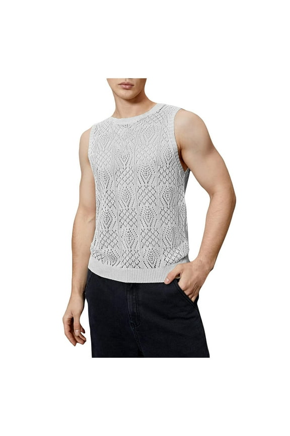 Tank Tops Men,Men's Knitted Hollowed Out Vest Crew Neck Sleeveless,Mens Tank Top,Men's Tank Tops(Color:Grey,Size:L)