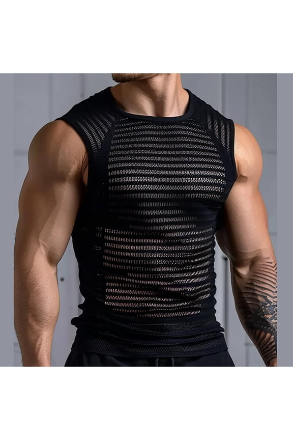 Tank Tops Men, Men's See-Through Mesh Fitted T-Shirt Sleeveless Striped Top Fitness Athletic Muscle Bodybuilding Undershirt