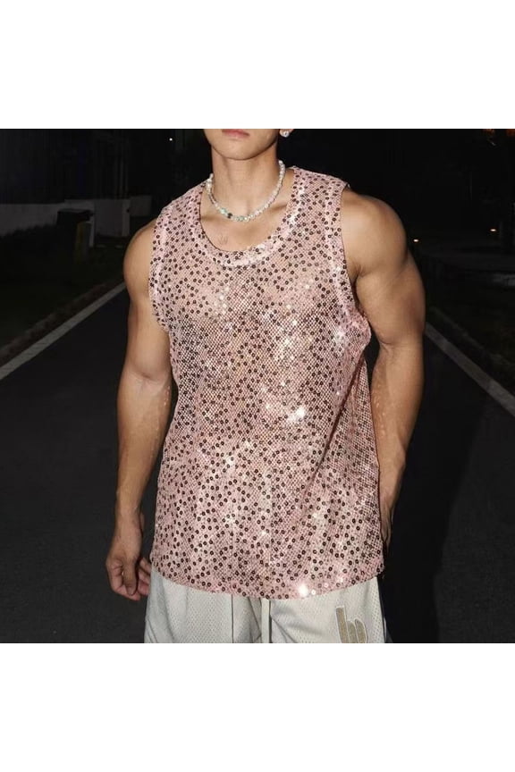 Tank Tops Men, Mens Sequin See Through Fishnet Tank Top Sleeveless Mesh Sparkly Muscle Sheer Vest Metallic Shirt Clubwear