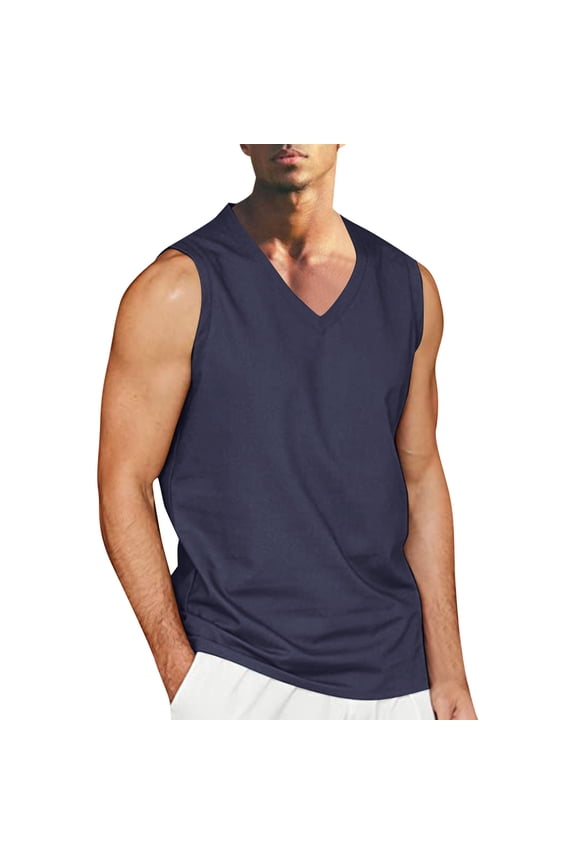 Tank Tops Men,Mens Summer Beach Simple Classic Solid Color V Neck Cotton and Sleeveless Shirt T Shirt Vest,Mens Tank Top(Color:Dark Blue,Size:L)