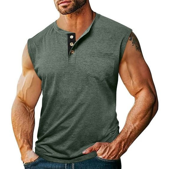 Tank Tops Men Qiggri Men Fashion Solid Color Versatile Pocket Button Sleeveless Round Neck Tank Muscle Tank Tops For Men