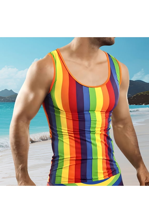 Tank Tops Men, Rainbow Pattern Print Men's Tank Top,Sleeveless Shirts for Men,Perfect for Workout and Casual Wear